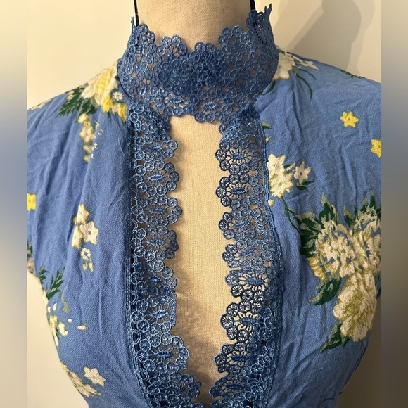 Free People blue Alora Floral print mini dress button front lace Sz 10 - Picture 4 of 8